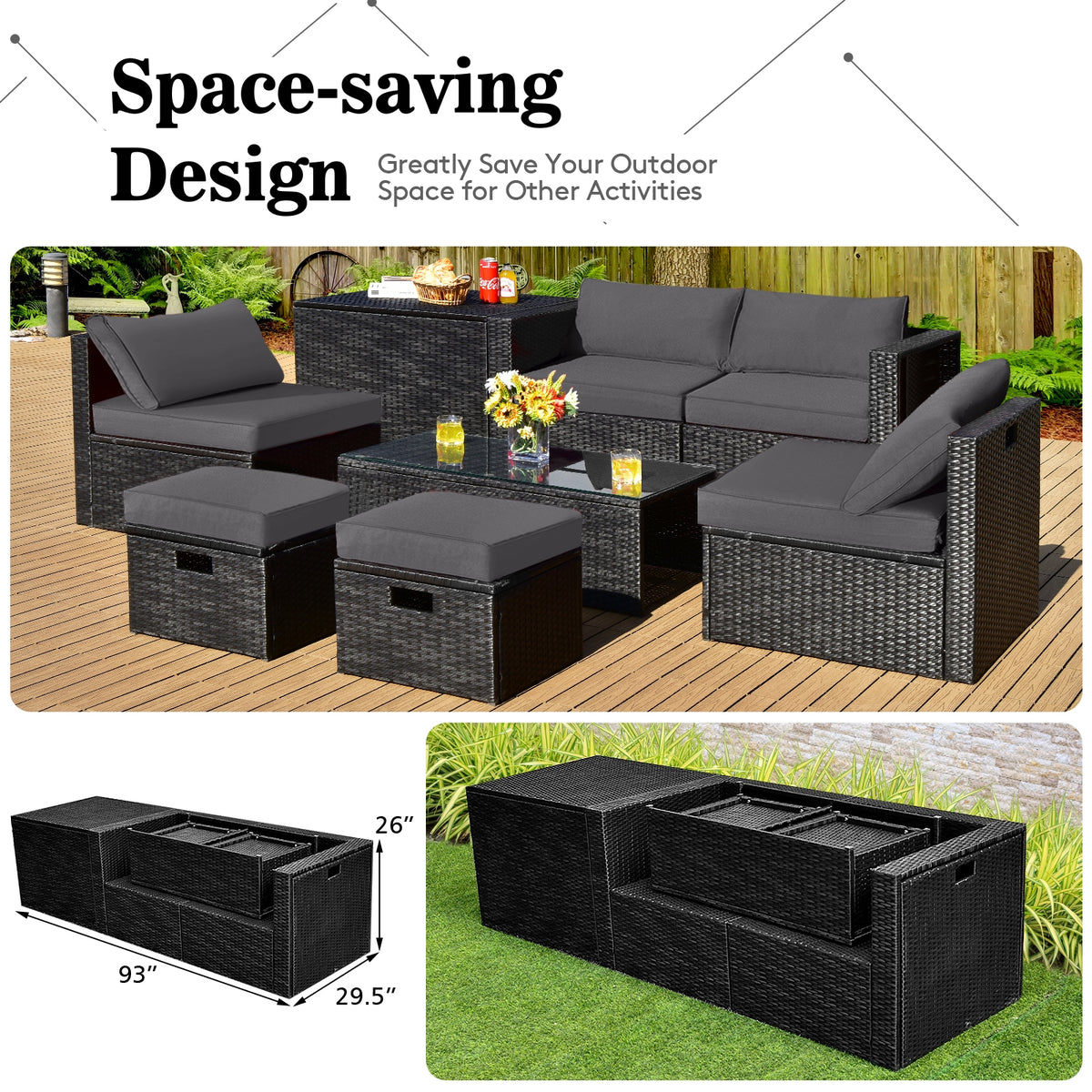 8-Piece Patio Furniture Set with Storage Box & Cover - Black Rattan, Gray