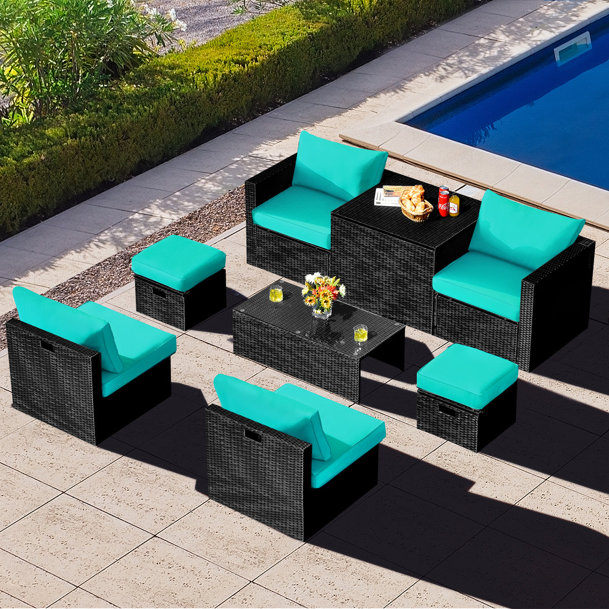8-Piece Patio Furniture Set with Storage Box & Cover - Black Rattan, Turquoise