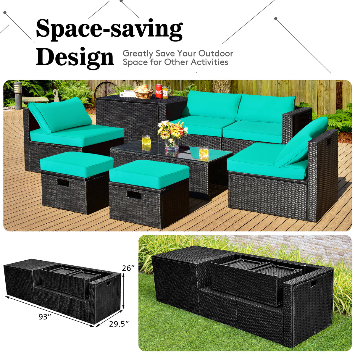 8-Piece Patio Furniture Set with Storage Box & Cover - Black Rattan, Turquoise