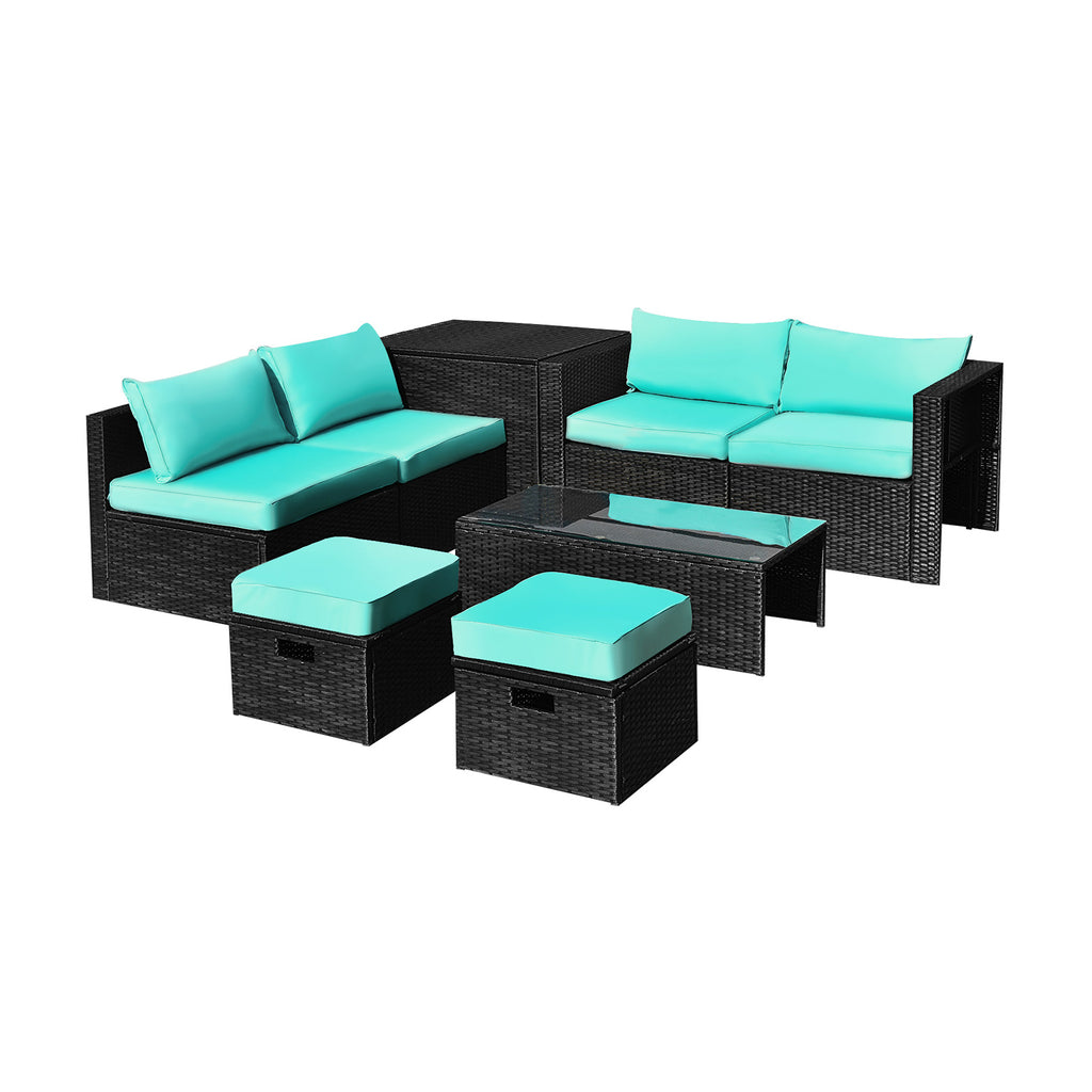 8-Piece Patio Furniture Set with Storage Box & Cover - Black Rattan, Turquoise