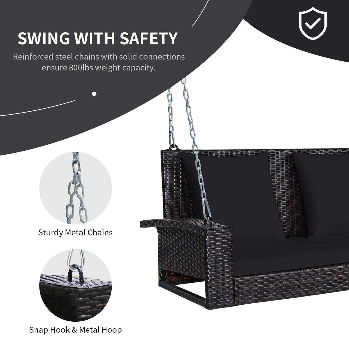 2-Person Wicker Hanging Porch Swing with Cushions - 42" x 20.5" Black