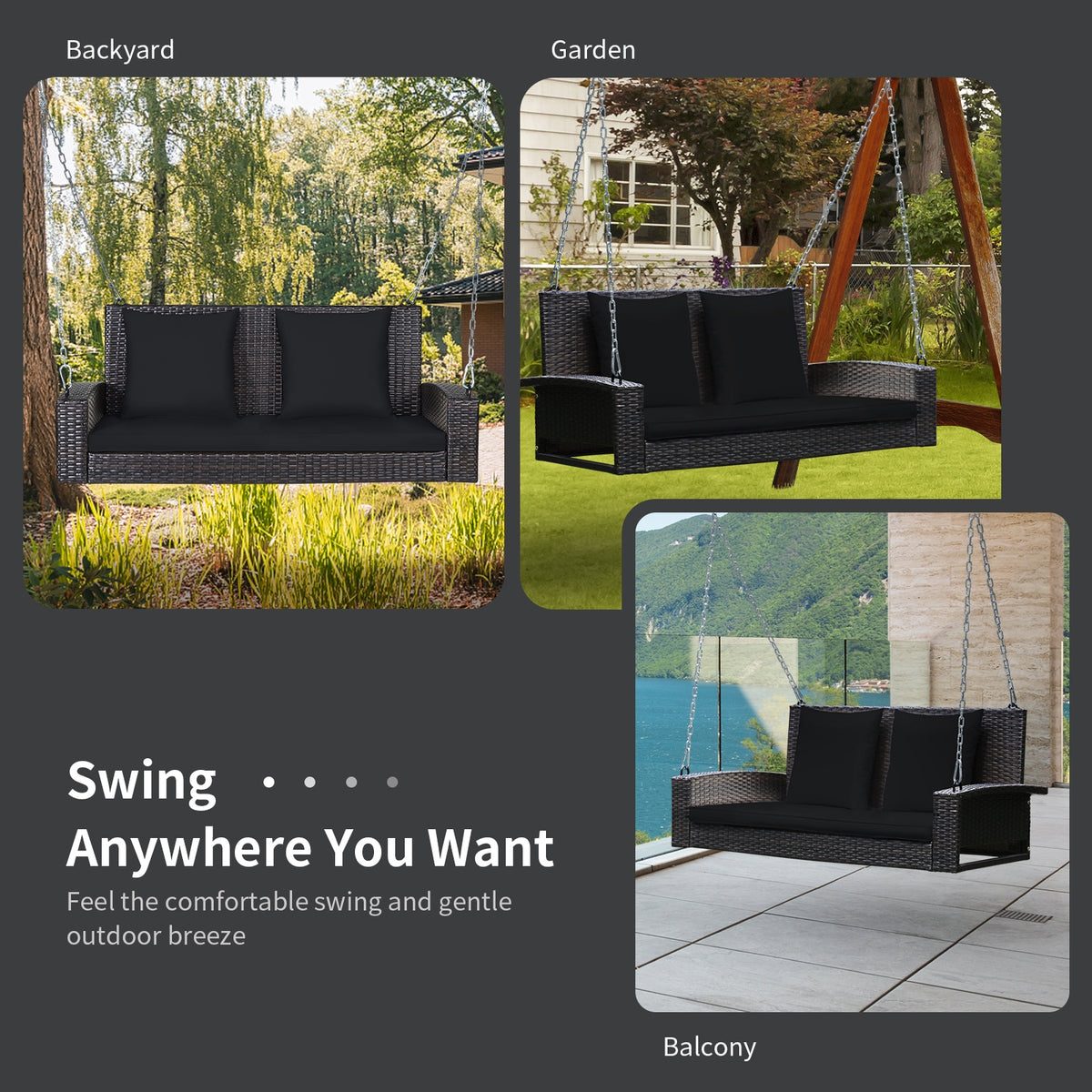 2-Person Wicker Hanging Porch Swing with Cushions - 42" x 20.5" Black