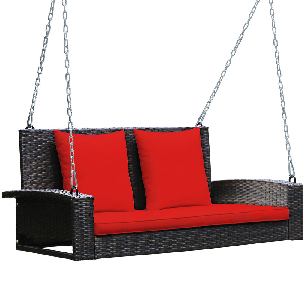 2-Person Wicker Hanging Porch Swing with 2 Back Cushions and 1 Seat