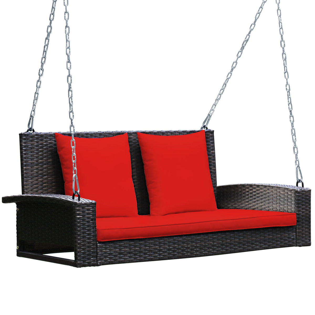 2-Person Wicker Hanging Porch Swing with 2 Back Cushions and 1 Seat