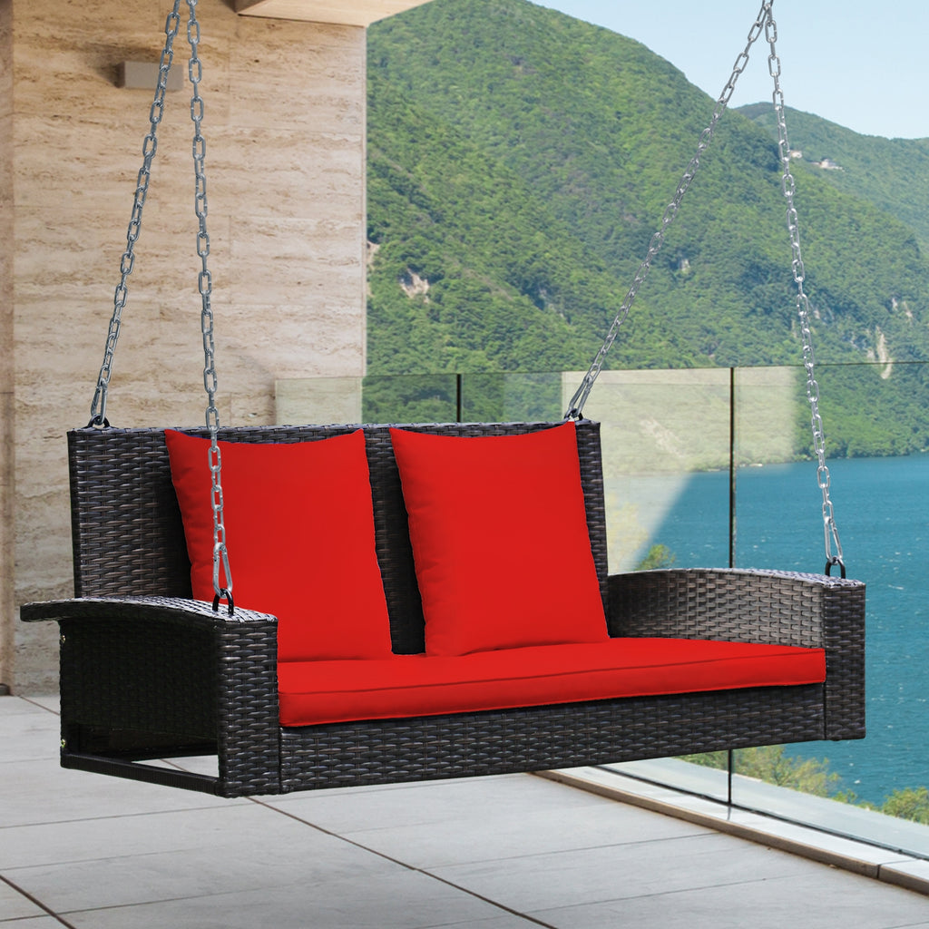 2-Person Wicker Hanging Porch Swing with 2 Back Cushions and 1 Seat