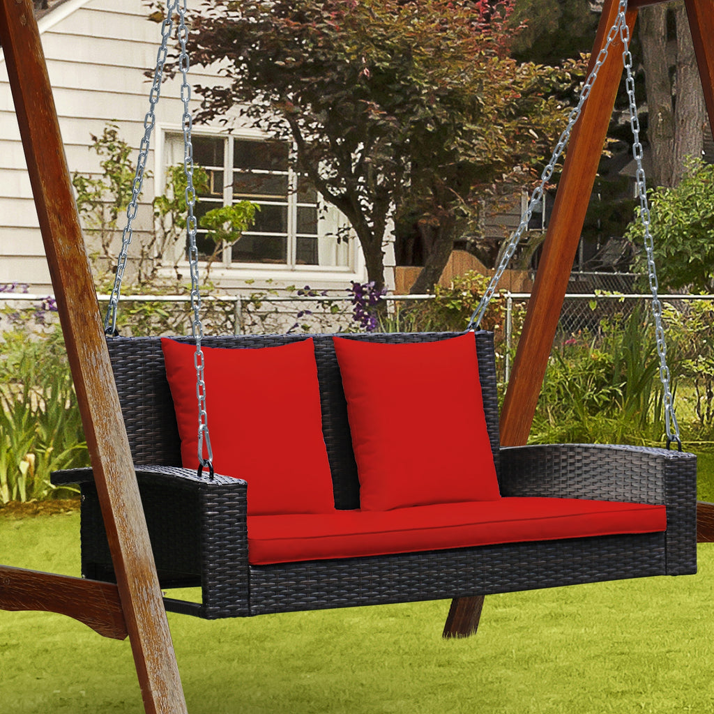 2-Person Wicker Hanging Porch Swing with 2 Back Cushions and 1 Seat