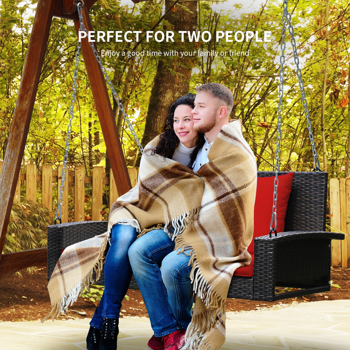 2-Person Wicker Hanging Porch Swing with 2 Back Cushions and 1 Seat