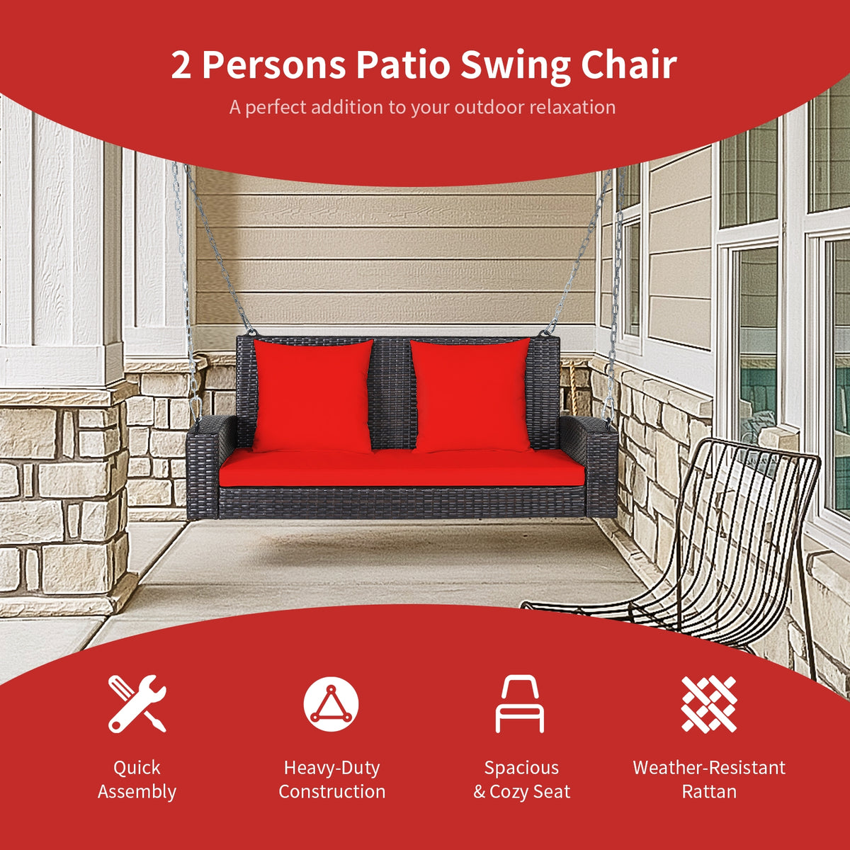 2-Person Wicker Hanging Porch Swing with 2 Back Cushions and 1 Seat