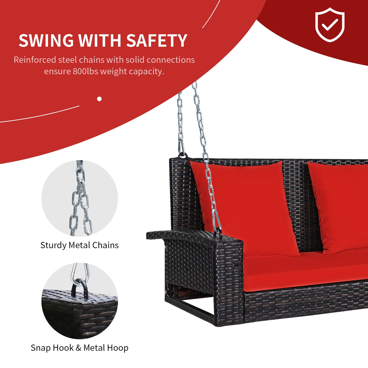 2-Person Wicker Hanging Porch Swing with 2 Back Cushions and 1 Seat