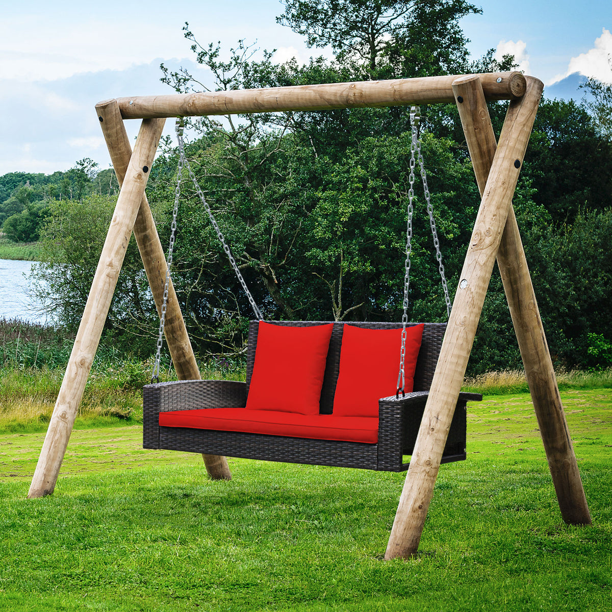 2-Person Wicker Hanging Porch Swing with 2 Back Cushions and 1 Seat