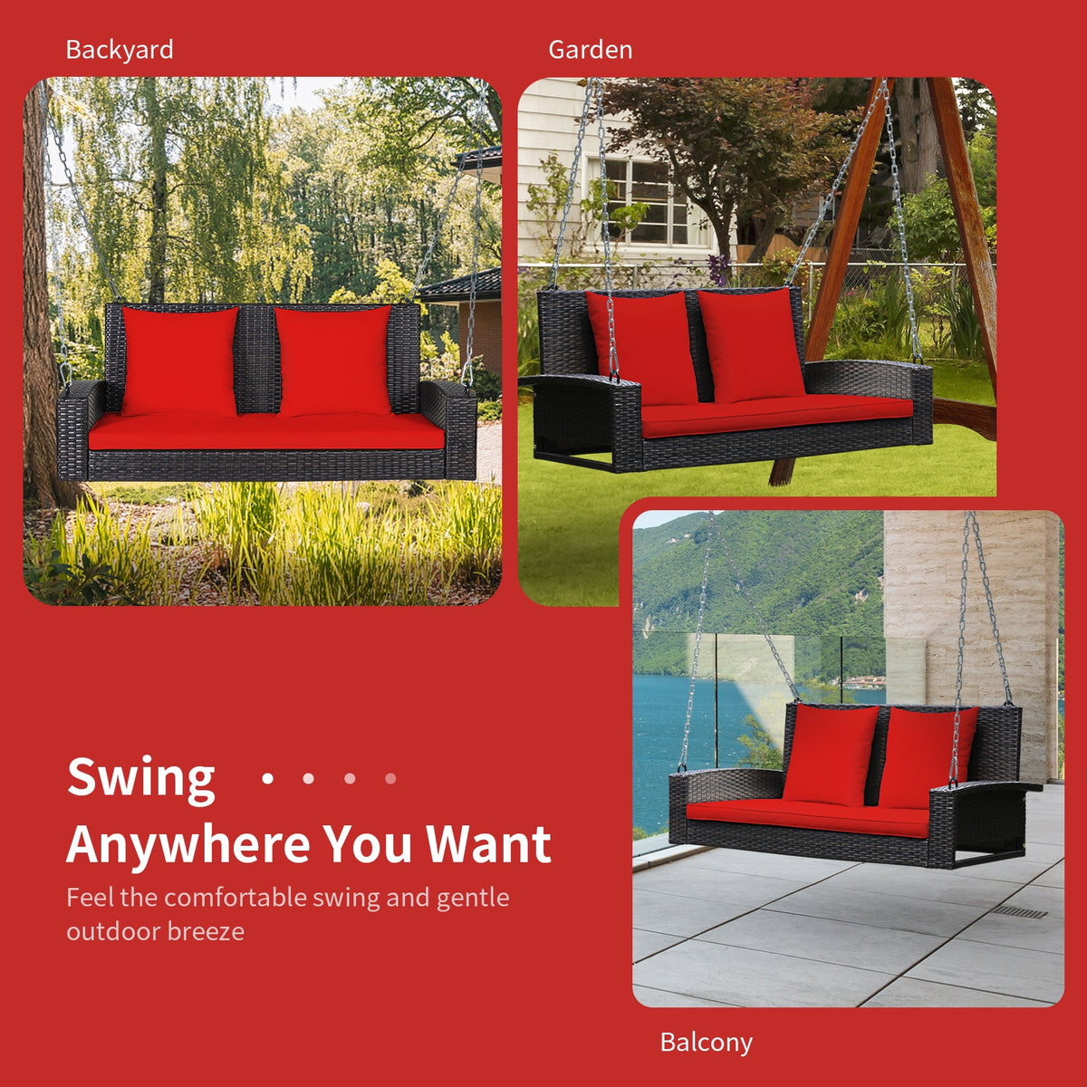 2-Person Wicker Hanging Porch Swing with 2 Back Cushions and 1 Seat