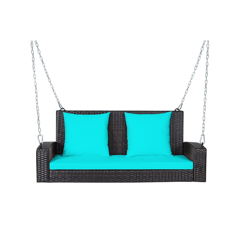 2-Person Hanging Porch Swing Wood Bench with Cushion Curved Back