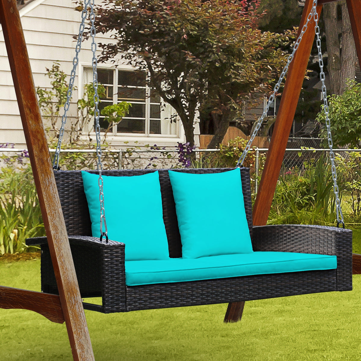 2-Person Wicker Hanging Porch Swing with 2 Back Cushions and 1 Seat