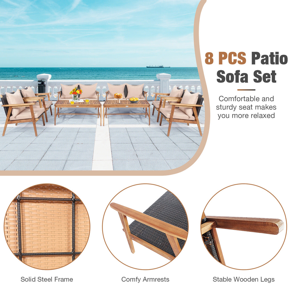4-Piece Acacia Wood Patio Rattan Furniture Set with Cushions - Brown