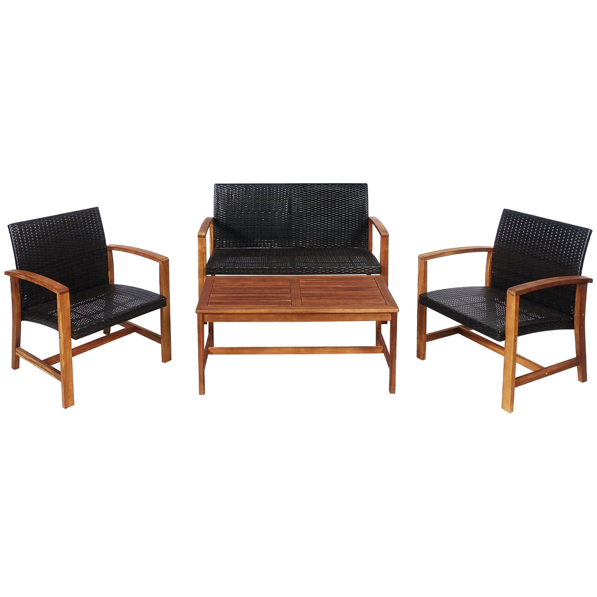 4-Piece PE Rattan Patio Furniture Set with Acacia Wood