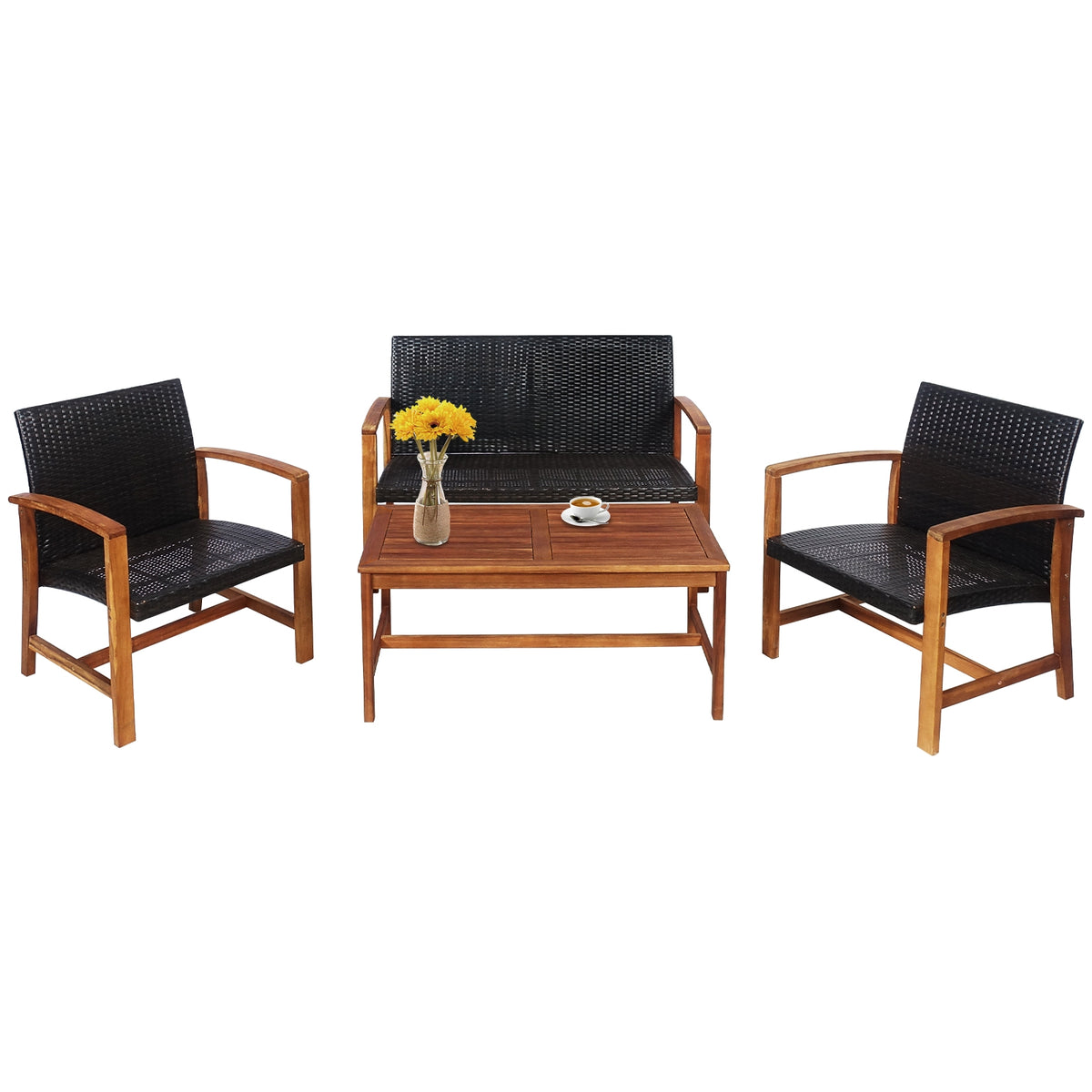 4-Piece PE Rattan Patio Furniture Set with Acacia Wood