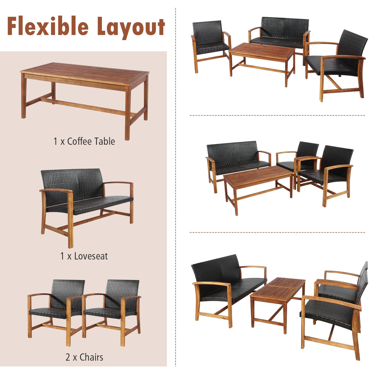 4-Piece PE Rattan Patio Furniture Set with Acacia Wood