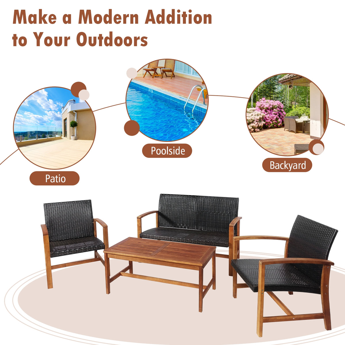 4-Piece PE Rattan Patio Furniture Set with Acacia Wood
