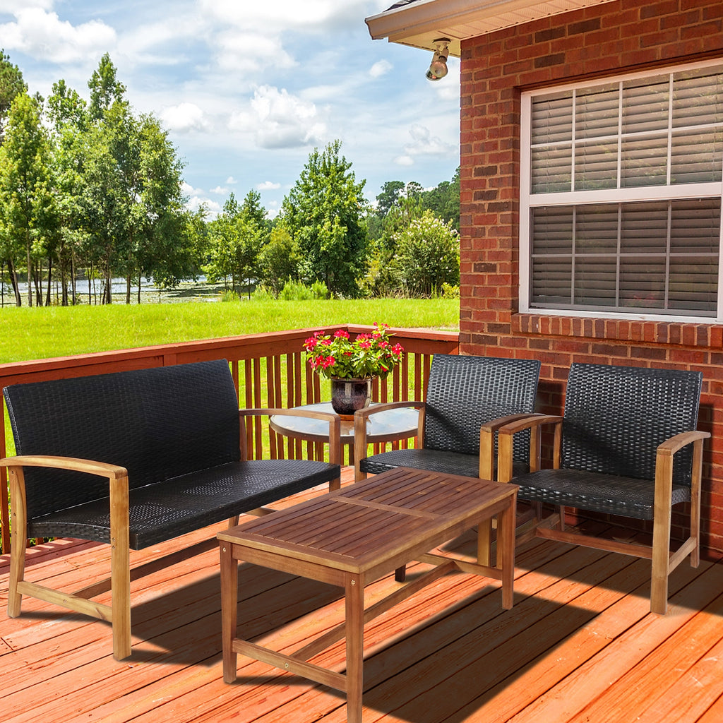 4-Piece PE Rattan Patio Furniture Set with Acacia Wood