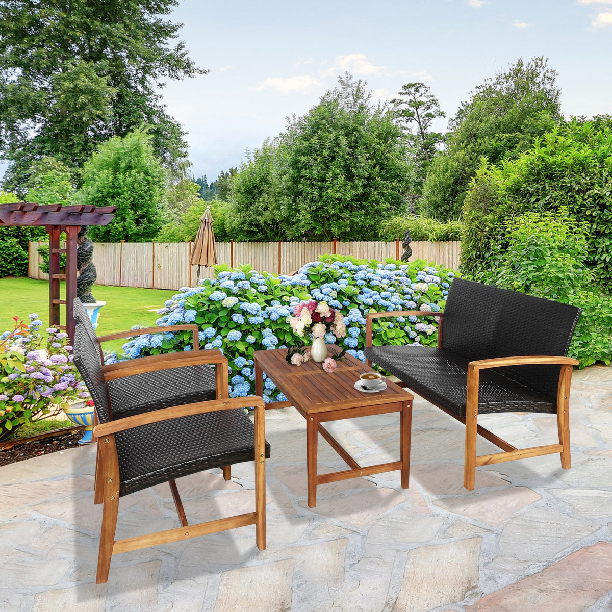 4-Piece PE Rattan Patio Furniture Set with Acacia Wood