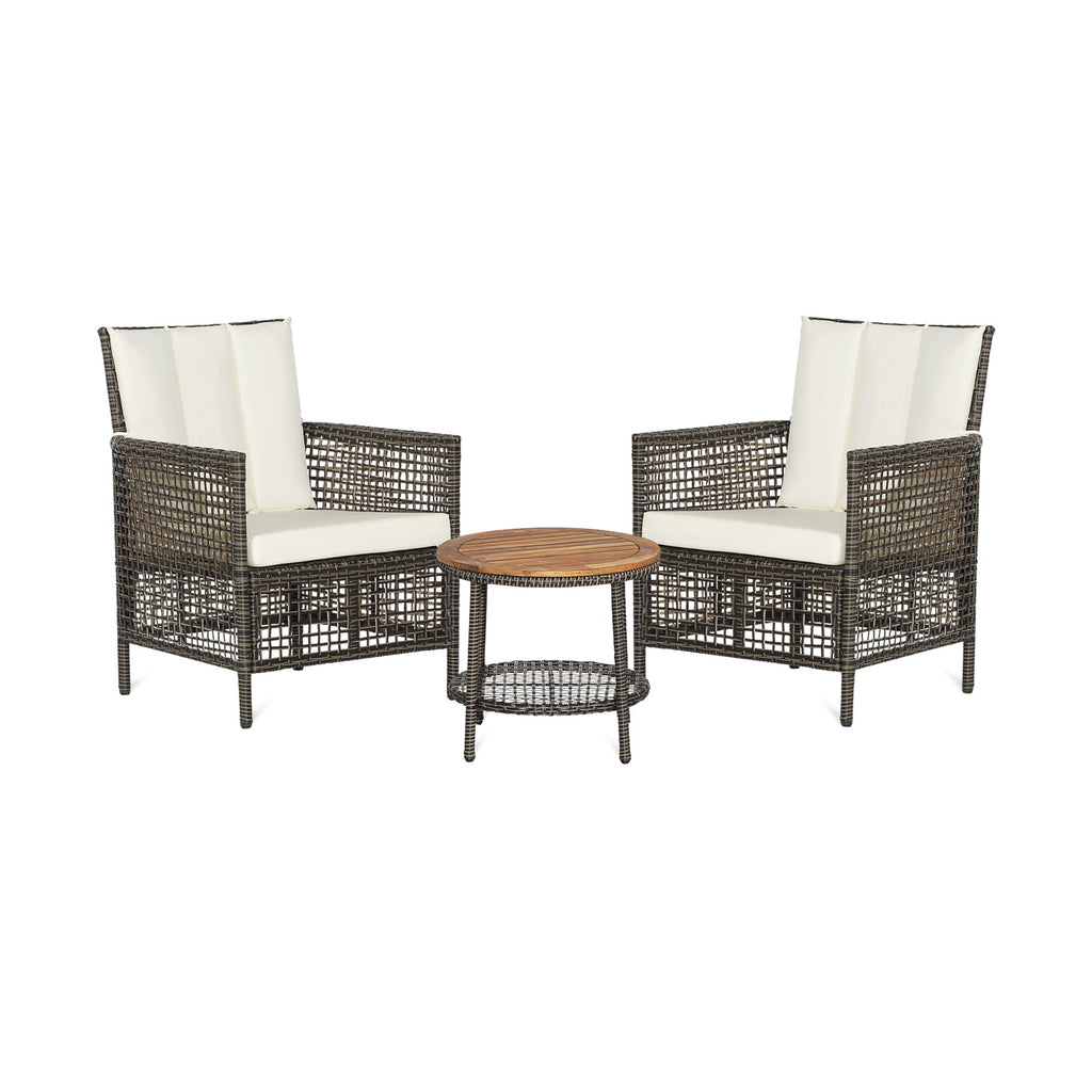 3 Pieces Patio Rattan Furniture Set with Cushioned Sofas and Wood