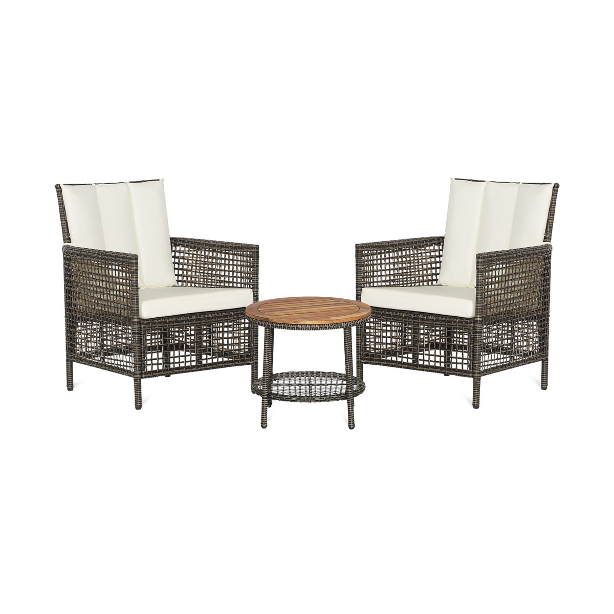 3 Pieces Patio Rattan Furniture Set with Cushioned Sofas and Wood