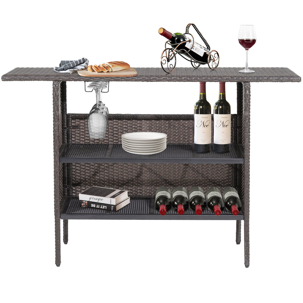 Outdoor Wicker Bar Table with 2 Shelves – Mix Brown Rattan