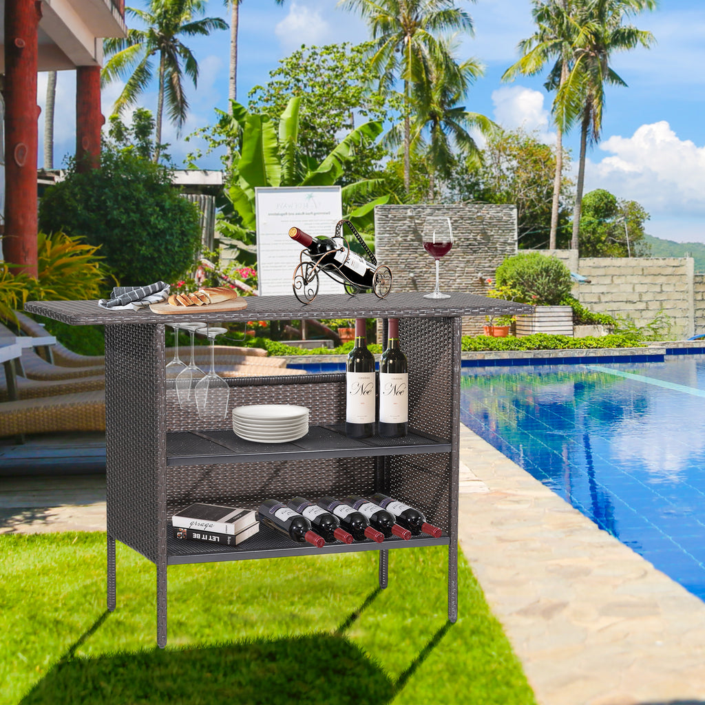 Outdoor Wicker Bar Table with 2 Shelves – Mix Brown Rattan