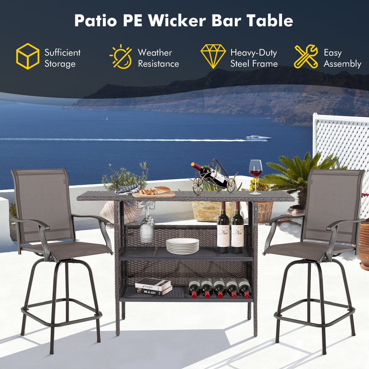 Outdoor Wicker Bar Table with 2 Shelves – Mix Brown Rattan