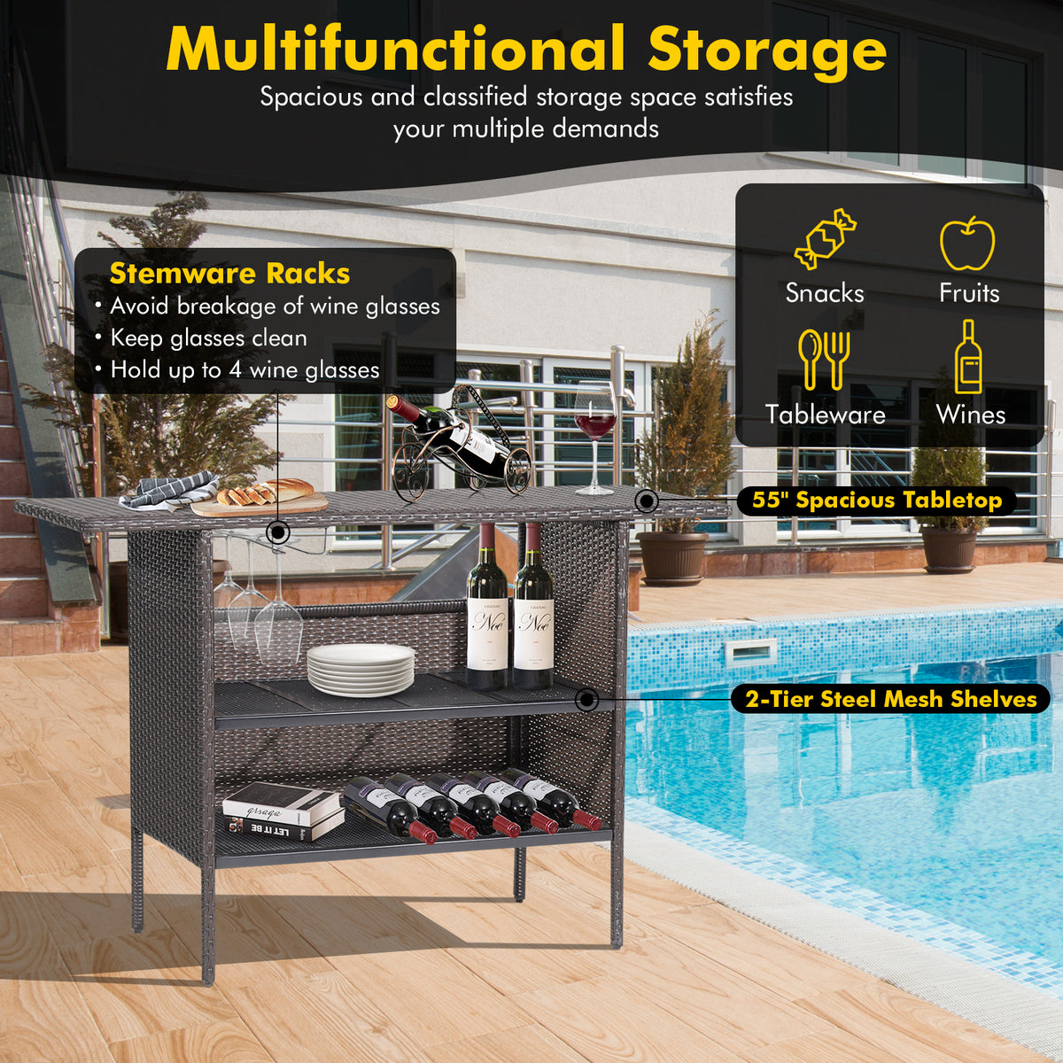 Outdoor Wicker Bar Table with 2 Shelves – Mix Brown Rattan