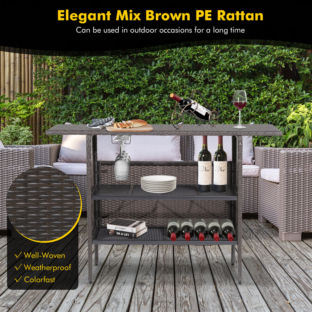 Outdoor Wicker Bar Table with 2 Shelves – Mix Brown Rattan