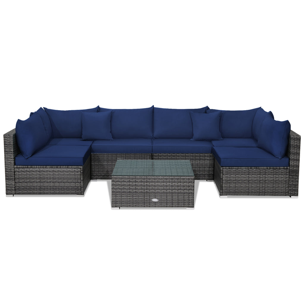 7-Piece Patio Rattan Sectional Sofa Set - Mix Gray, Navy