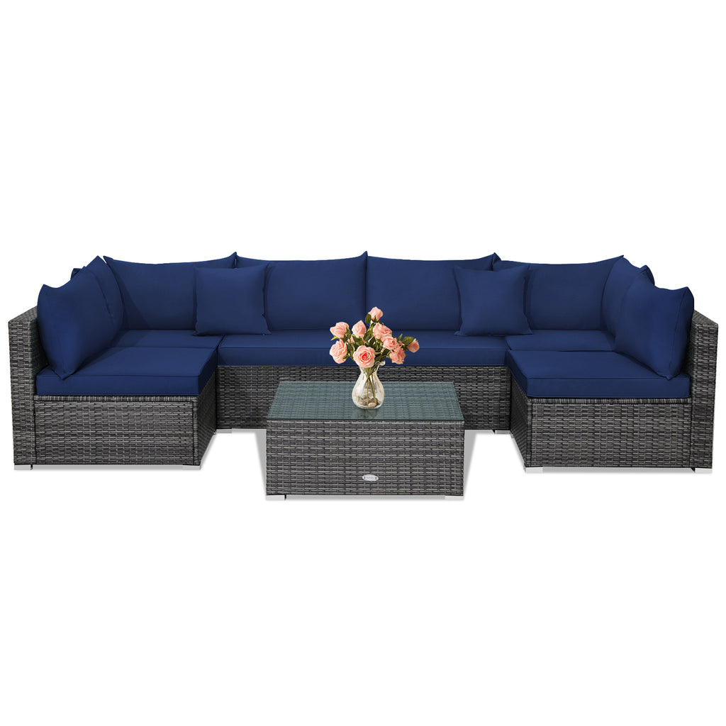 7-Piece Patio Rattan Sectional Sofa Set - Mix Gray, Navy
