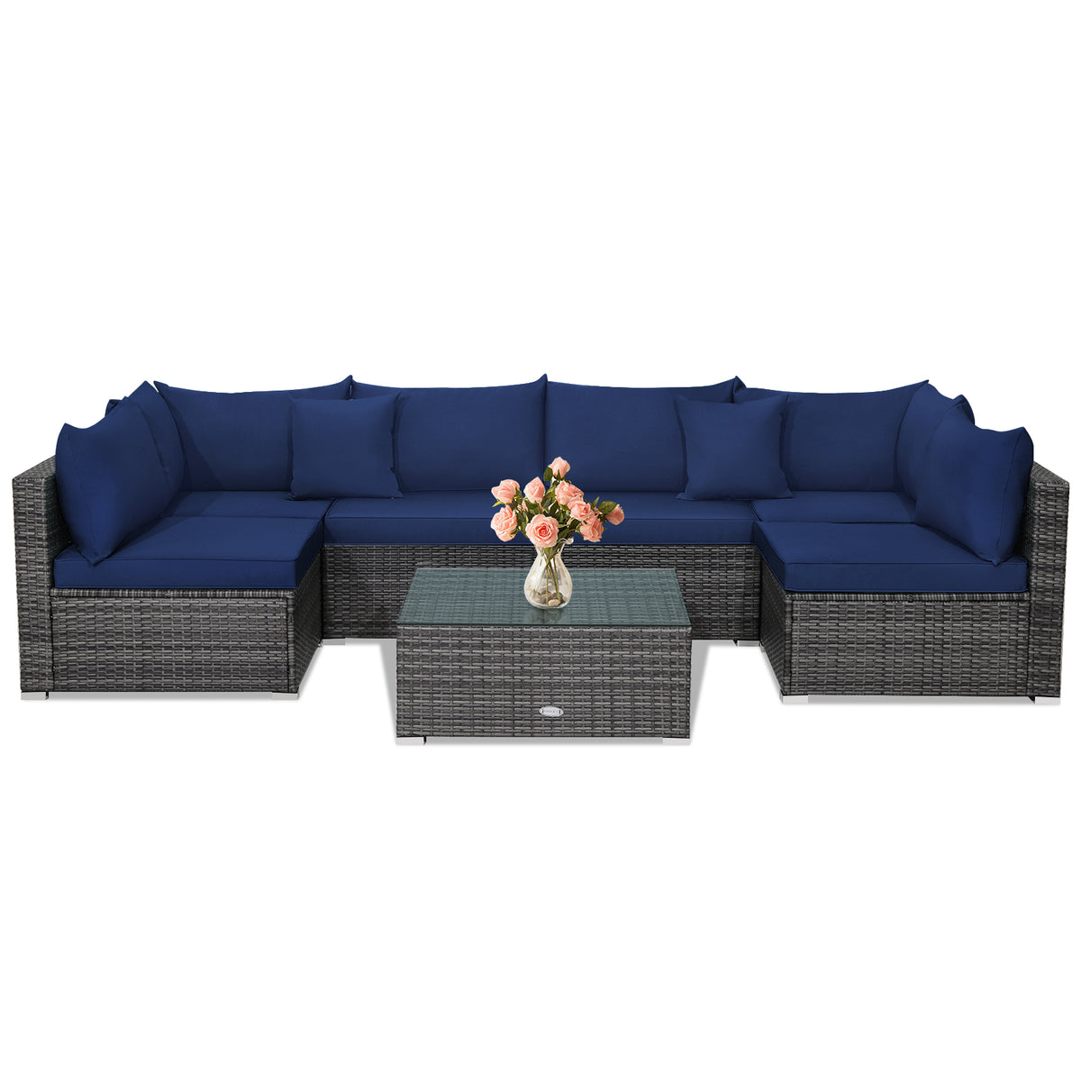 7-Piece Patio Rattan Sectional Sofa Set - Mix Gray, Navy
