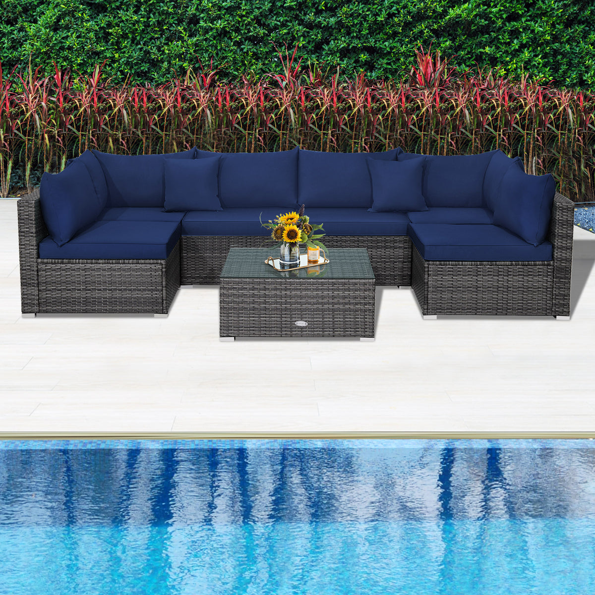 7-Piece Patio Rattan Sectional Sofa Set - Mix Gray, Navy