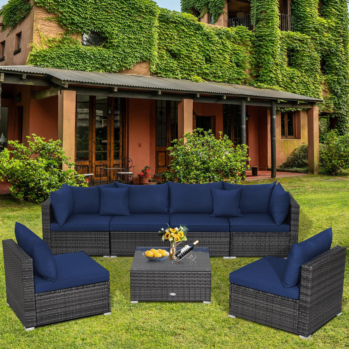7-Piece Patio Rattan Sectional Sofa Set - Mix Gray, Navy