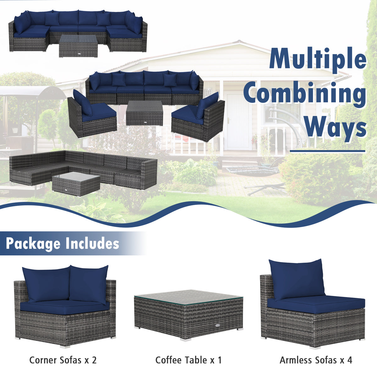 7-Piece Patio Rattan Sectional Sofa Set - Mix Gray, Navy