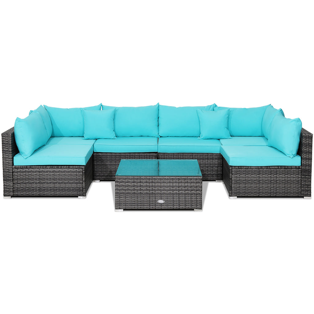 7-Piece Outdoor Sectional Sofa Set - Gray Rattan, Turquoise Cushions