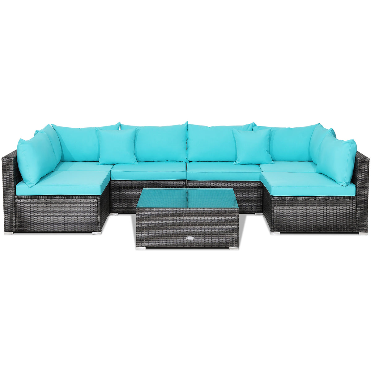 7-Piece Outdoor Sectional Sofa Set - Gray Rattan, Turquoise Cushions
