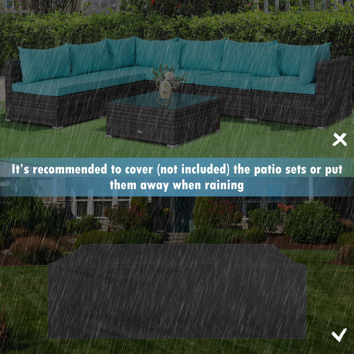 7-Piece Outdoor Sectional Sofa Set - Gray Rattan, Turquoise Cushions