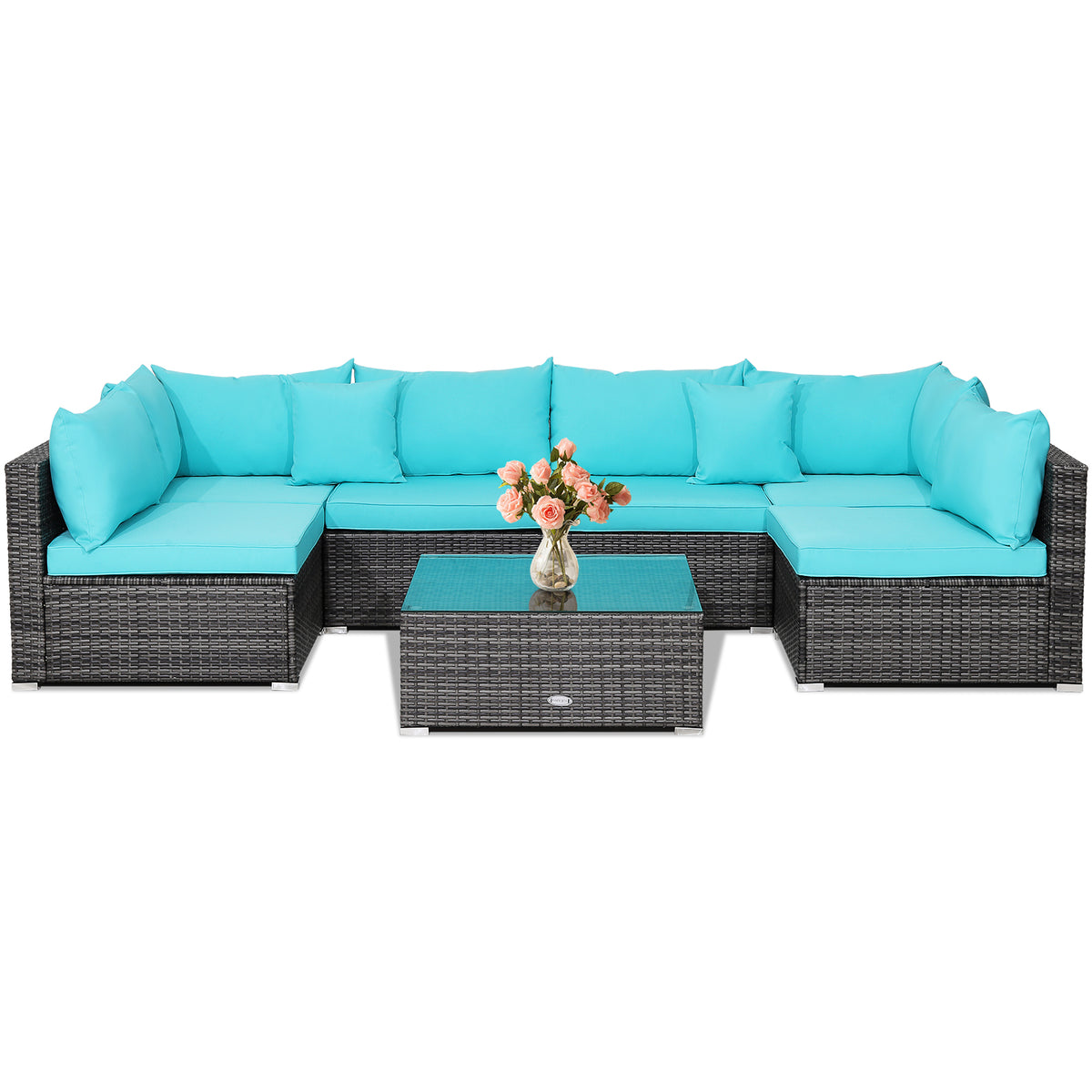7-Piece Outdoor Sectional Sofa Set - Gray Rattan, Turquoise Cushions
