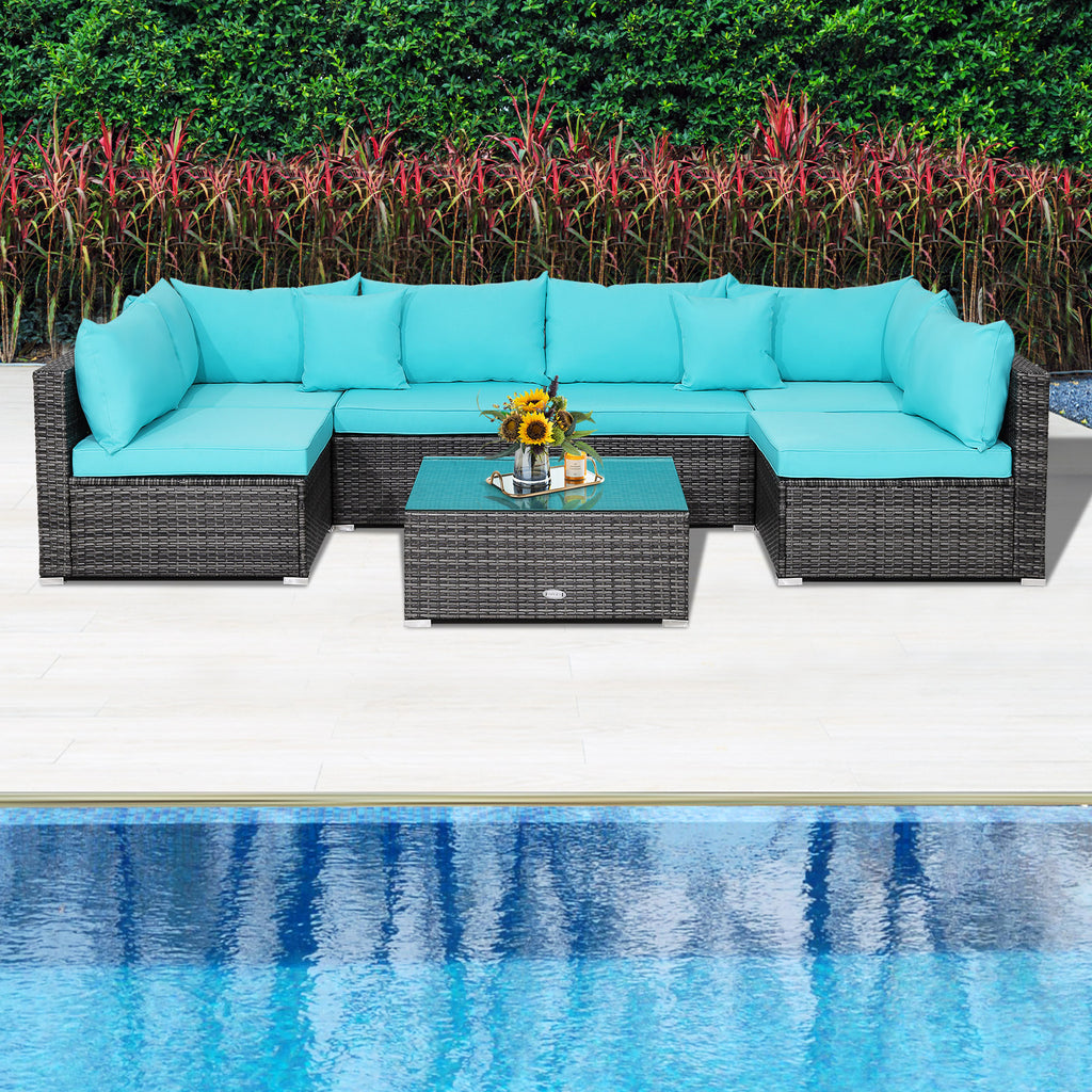 7-Piece Outdoor Sectional Sofa Set - Gray Rattan, Turquoise Cushions