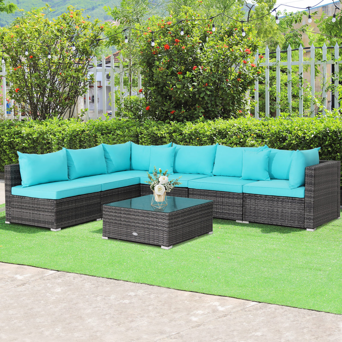 7-Piece Outdoor Sectional Sofa Set - Gray Rattan, Turquoise Cushions