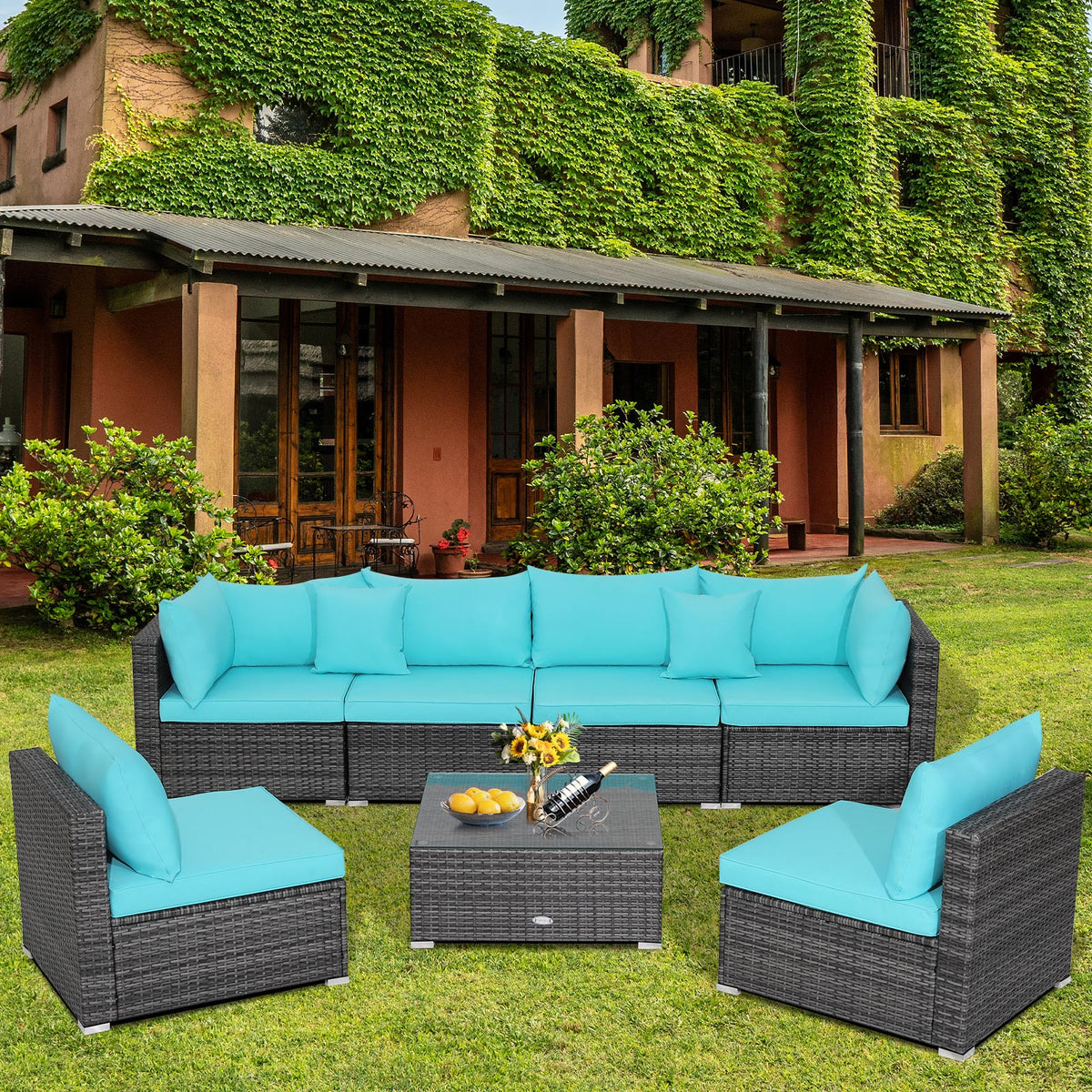 7-Piece Outdoor Sectional Sofa Set - Gray Rattan, Turquoise Cushions