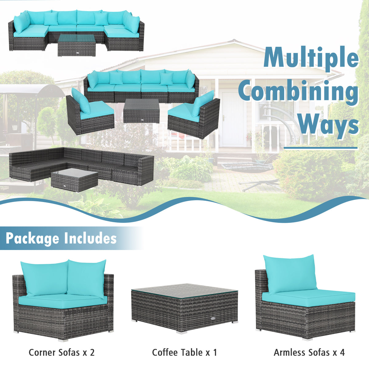 7-Piece Outdoor Sectional Sofa Set - Gray Rattan, Turquoise Cushions