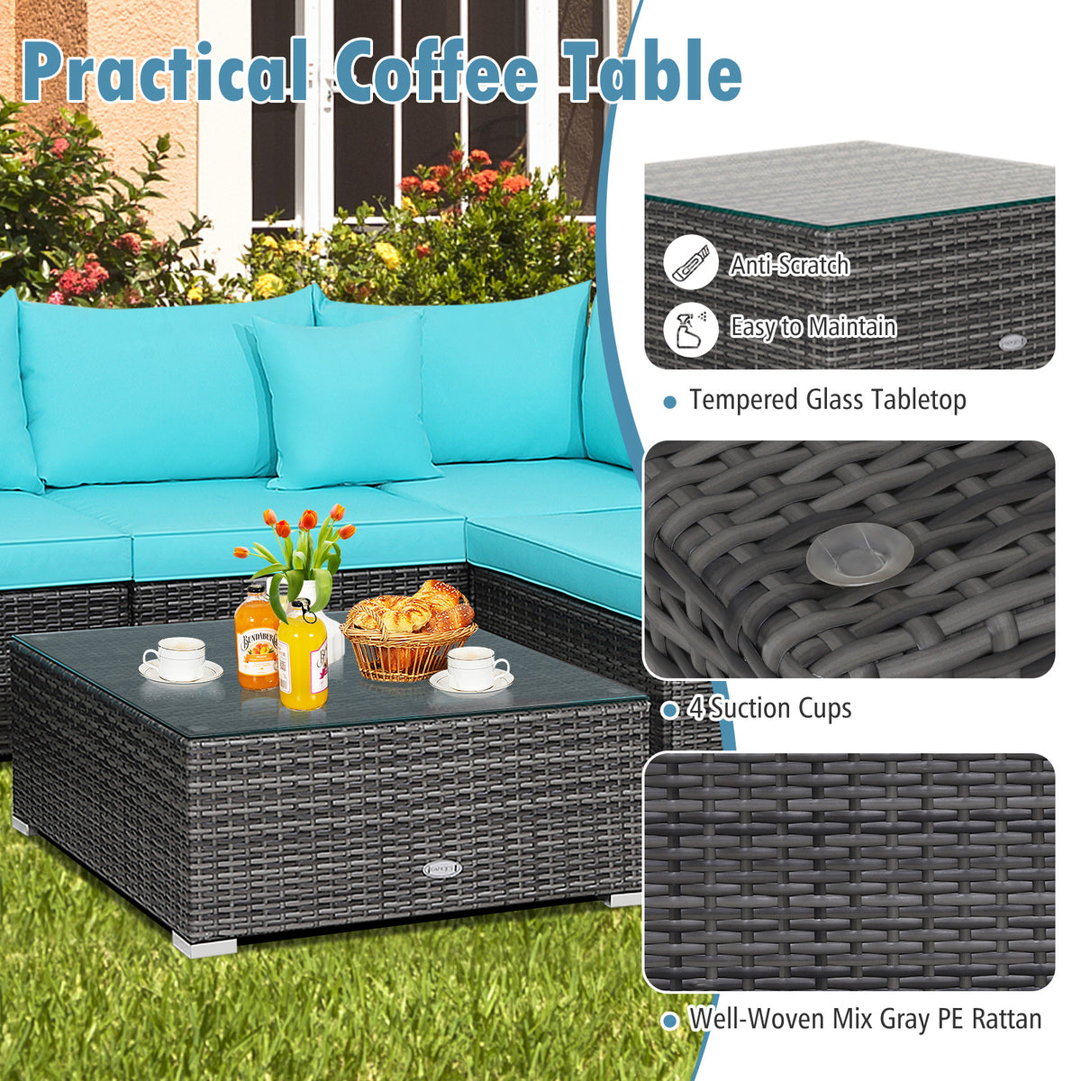 7-Piece Outdoor Sectional Sofa Set - Gray Rattan, Turquoise Cushions