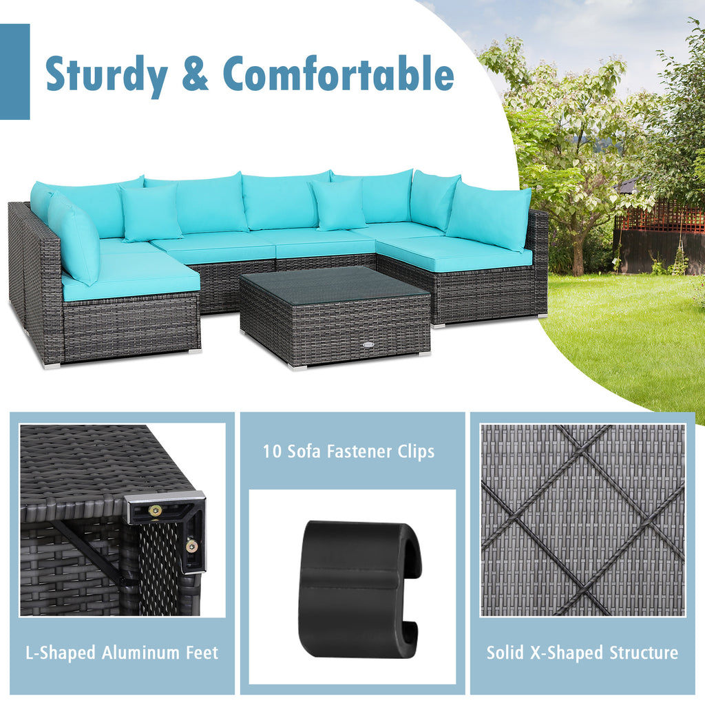 7-Piece Outdoor Sectional Sofa Set - Gray Rattan, Turquoise Cushions
