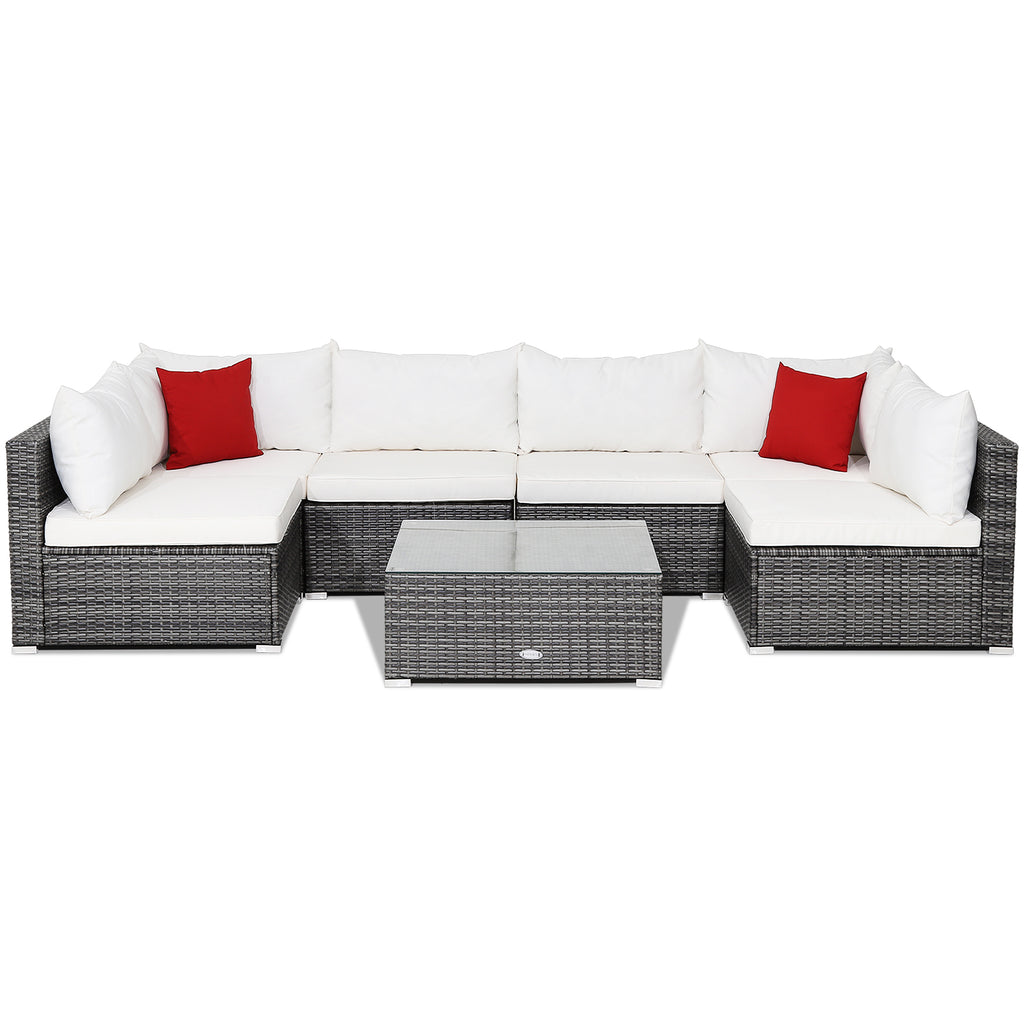 7 Pieces Patio Rattan Furniture Set with Sectional Sofa Cushioned