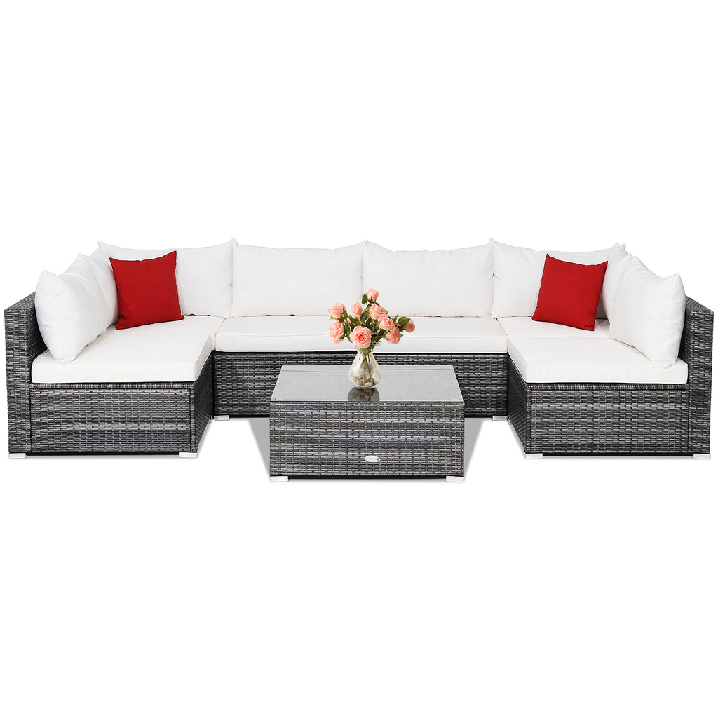 7 Pieces Patio Rattan Furniture Set with Sectional Sofa Cushioned