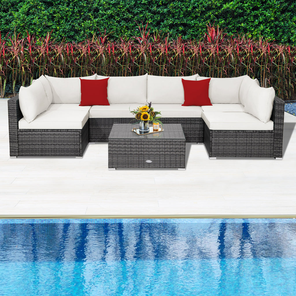 7 Pieces Patio Rattan Furniture Set with Sectional Sofa Cushioned